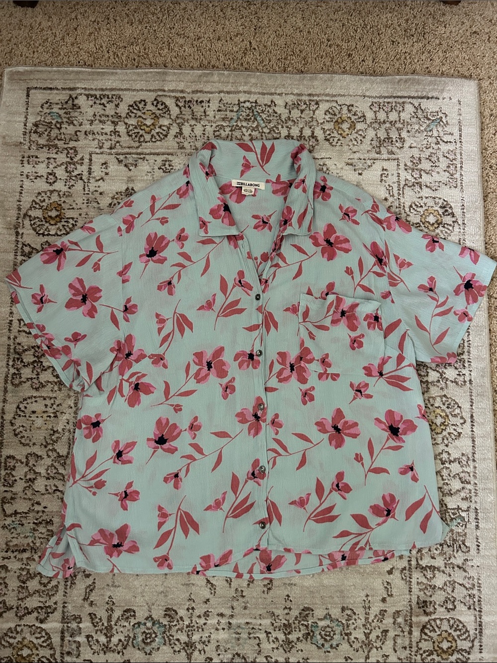 Billabong Mint Green Floral Button-Down Camp Shirt- Large